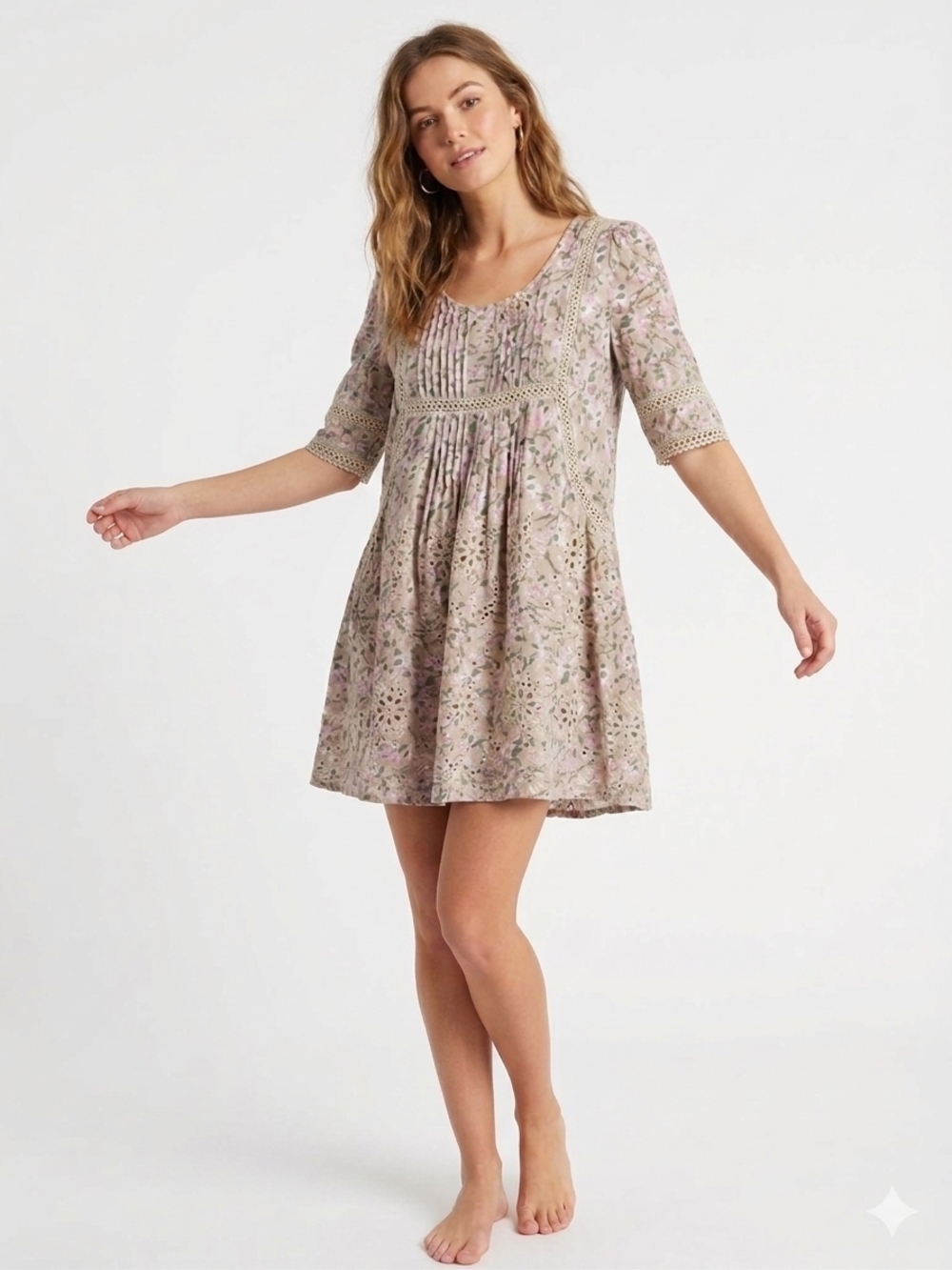 Sundance Dusty Pink Floral Pintuck Scoop-Neck Mini Dress
